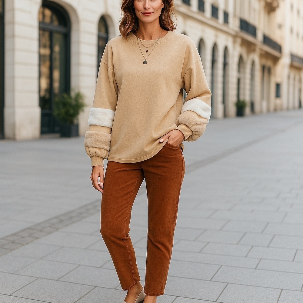 ❄️ Cato | Fur Trim Sweatshirt Tan Various Sizes Available